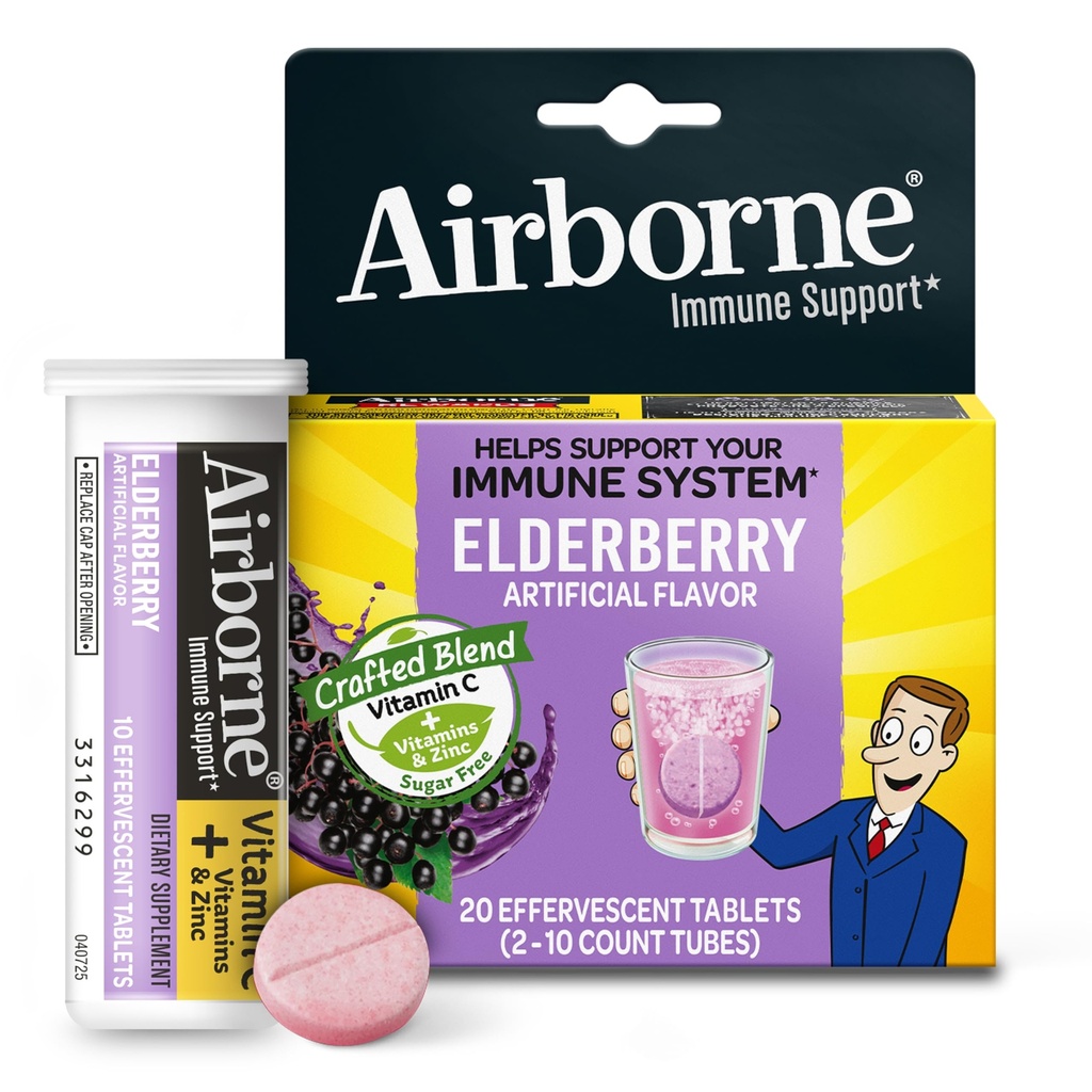 A Air Elderberry לחלץ + ויטמין C 1000 מ"ג (per Serve) - טבליות Effervescent (20 Count in a Box), Gluten-Free Immune תמיכה תוסף, עם ויטמינים A C E, Zinc, Selenium, סוכר חינם סוכר בחינם