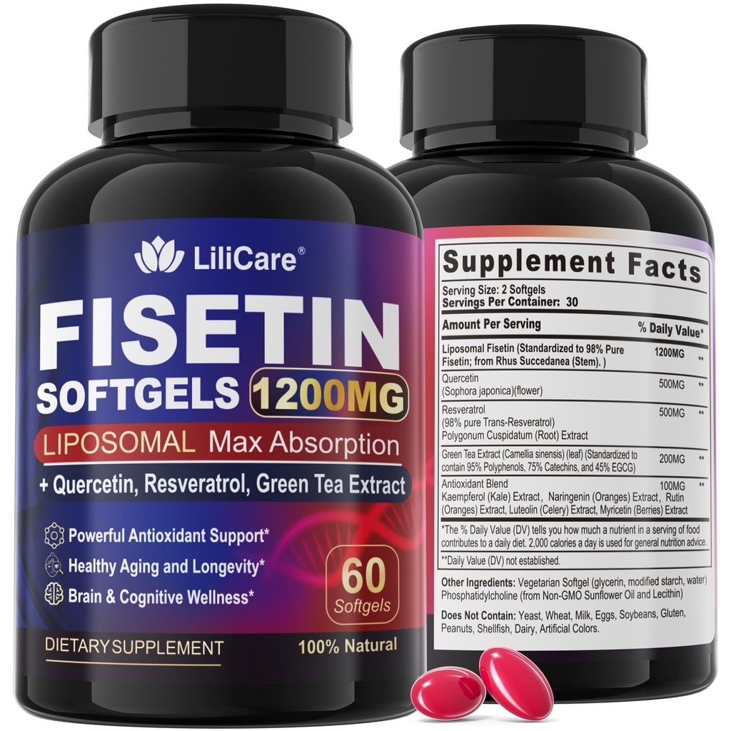 תוסף Fisetin - Liposomal Super Absorption 98% טהור 1200 מ"ג עם Quercetin, Resveratrol, Green Tea Extract for Healthy Aging & Longevity, Skin Health, Brain & Antioxidant - 60 Softgels