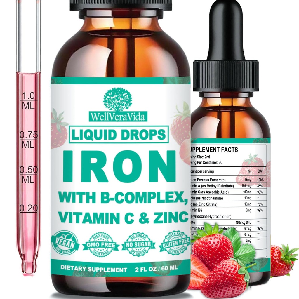 תוסף ברזל נוזלי ו / Vitamin C, B-Complex, High Potency Iron נוזל w. Multivitamin, טבעוני טיפות עבור נשים, ילדים, צ'לט נוזל תוספת ברזל עבור אנמיה, Fatigue, Red Blood Cell Support