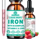 תוסף ברזל נוזלי ו / Vitamin C, B-Complex, High Potency Iron נוזל w. Multivitamin, טבעוני טיפות עבור נשים, ילדים, צ'לט נוזל תוספת ברזל עבור אנמיה, Fatigue, Red Blood Cell Support