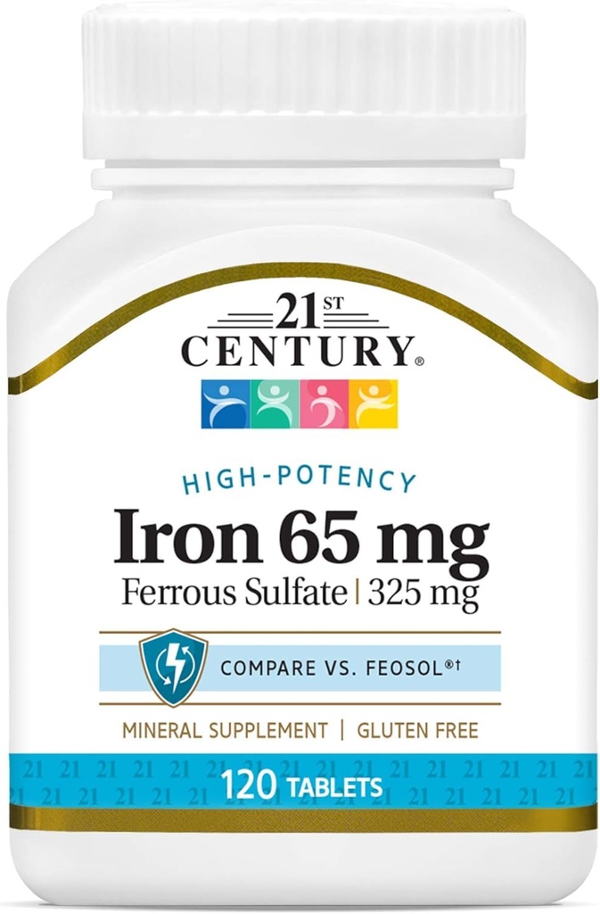 21st Century Iron 65 מ"ג עם Ferrous Sulfate 325 מ"ג - 100 טבליות, Pack של 3