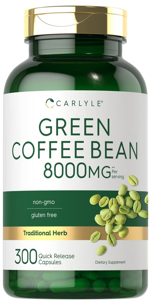 Carlyle Green Coffee Bean Extract | 8000 מ"ג | 300 קפסולות | Non-GMO וגלוטן חינם פורמולה | Herb מסורתי תוספת