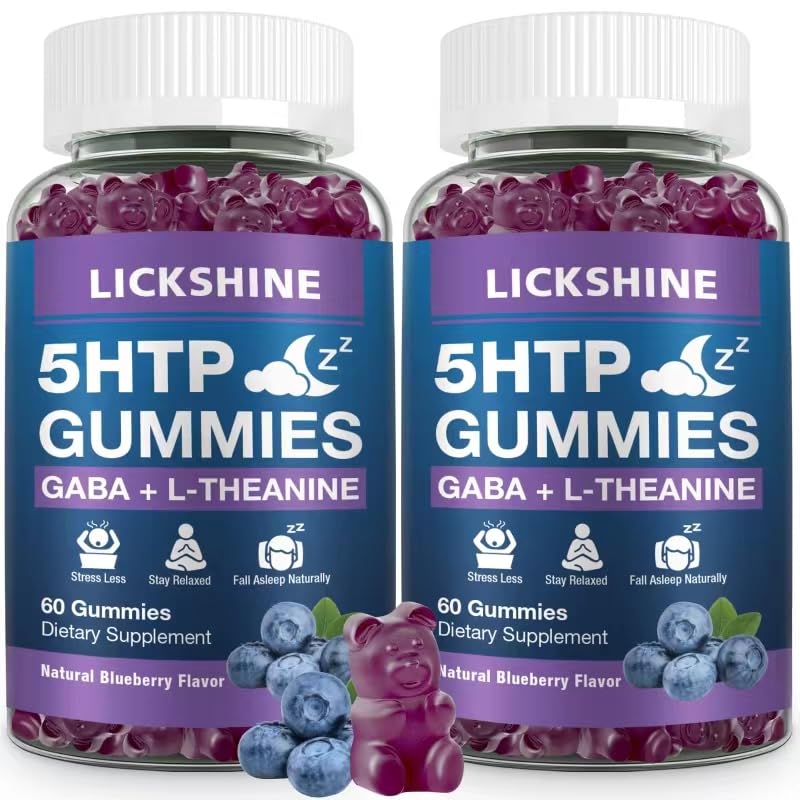 2 Pack 300MG 5HTP GABA Sleep Supplementmies with 200 מ"ג L-theanine תוסף למוח, Mood Stabilizer ו- Sleep Support, Melatonin-Free, אומגה 3-6-9 עבור זאז טבעי, Blueberry פלאמור