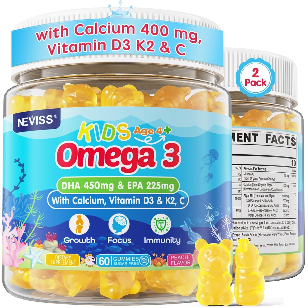 ילדים אומגה 3 חניכיים + Calcium 400 מ"ג + ויטמין D3 K2 + C, אומגה 3 DHA ו- EPA תוספת - No Fish Burps, No Sugar - Kids & Teens Omḛga 3 + Multivitamin Gummy for Strong Bones, Brain, Immune, Eye, 2Pack