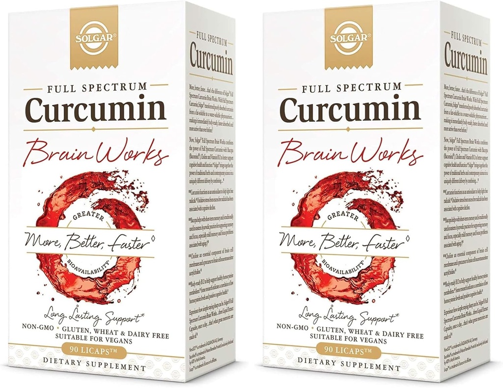 Solgar Full Spectrum Curcumin Brain Works, 90 Licaps - תמיכה זיכרון Recall, Focus, Cognitive Function - Antioxidant Support - Curcumin, BacoMind, Choline, ויטמין B12 - Non-GMO, טבעוני - (Pack of 2)
