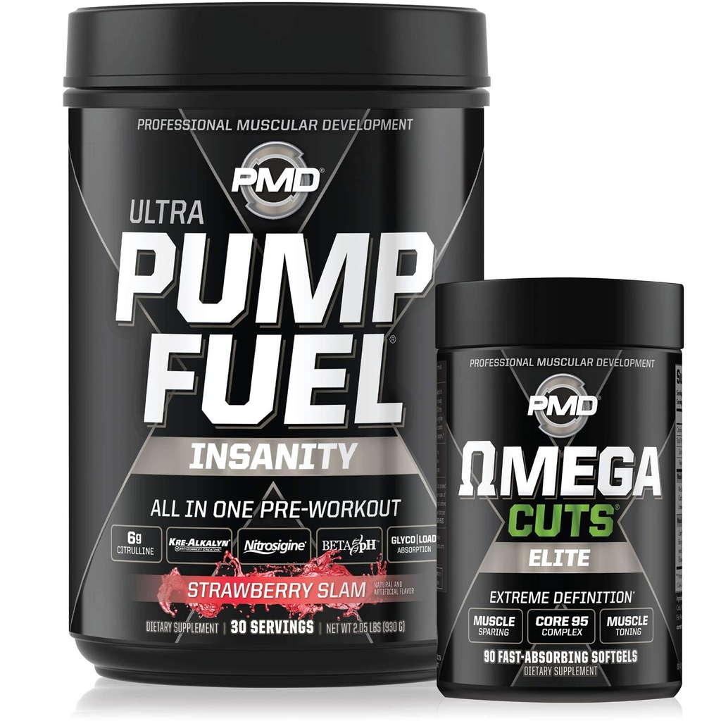 PMD Sports Ultra Pump דלק Insanity - Pre Workout - Strawberry Slam (30 משרתים) ספורט אומגה חותכת את עלית שומן התרמיאוגני (90 Softgels)