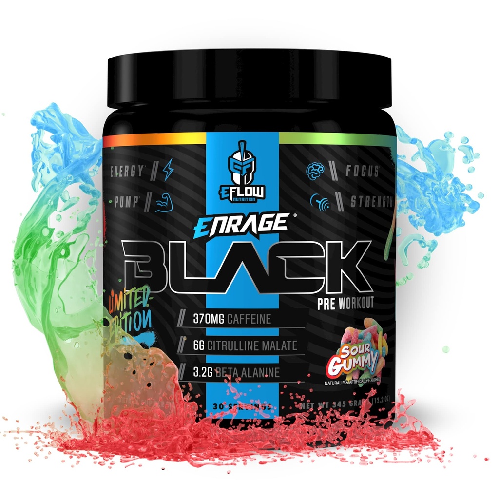 EFlow Nutrition Enrage Black High Stimulant Pre Workout תוסף - אבקת Preworkout כדי להגביר אנרגיה, משאבות וכוח - 4 Flavors (30 משרתים) (Sour Gummy)