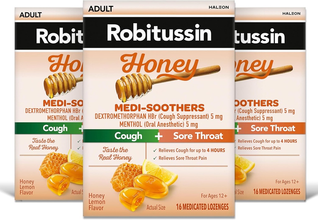 Robitussin Medi-Soothers Honey Lemon גרון לוזges, Long-Lasting Cough + Sore גרון כאב הקלה - 48 Count (3 x 16ct Packs)