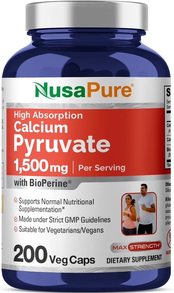 NusaPure Calcium Pyruvate 1500 מ"ג 200 Caps Vegetarian Caps (Non-GMO, טבעוני) - 750 מ"ג לכובעים