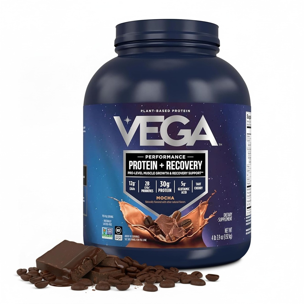 וגה ספורט אבקת חלבון טבעוני + התאוששות - 30g צמחי מבוסס חלבון לשרת, Mocha, 45 משרתים, 5g BCAAs, Probiotics, NSF מוסמך, עבור שקדס ו Smoothies, 4.2lbs (Packaging May Vary)
