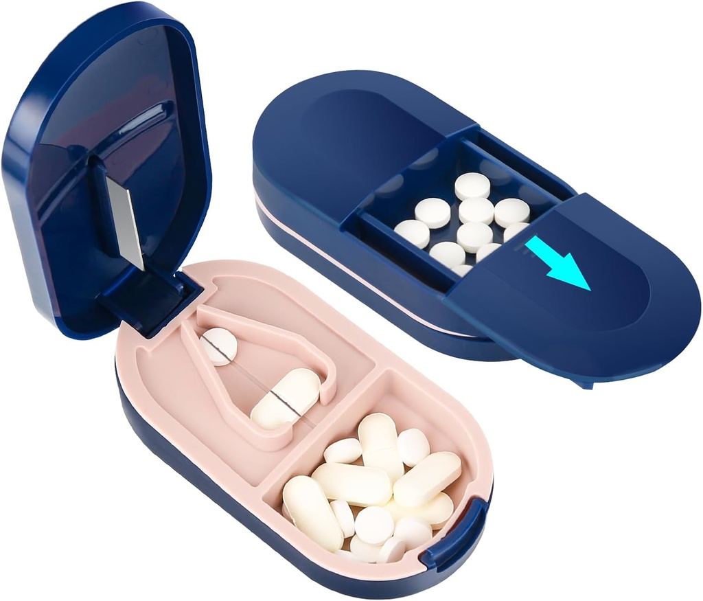 LEAFTOL Pill Cutter, Portable Pill Splitter 2in-1 Pill Case with Stainless Steel Blade, עבור טבליות קטנות או גדולות של ויטמינים, לחתוך גלולות עם השוואת מיני גלולות - כחול כחול כחול כחול