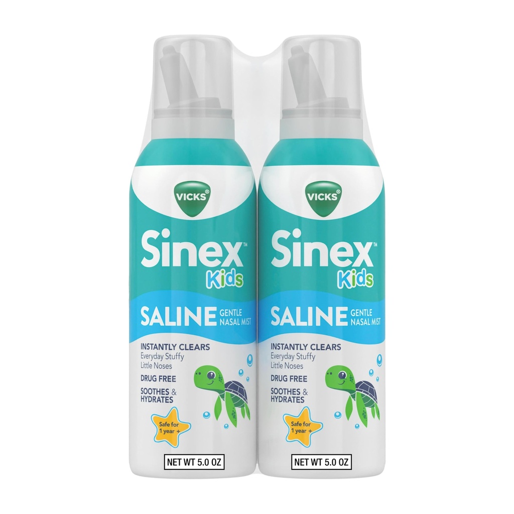 ויקיס Sinex, Children's Saline Nasal Spray, Drug Free Ultra Fine Mist with Hint of Aloe, Ages 1+, Fast Everyday Stuffy Nose Relief for Kids, Clear Mucus from a Cold or Allergy, 5 OZ x 2