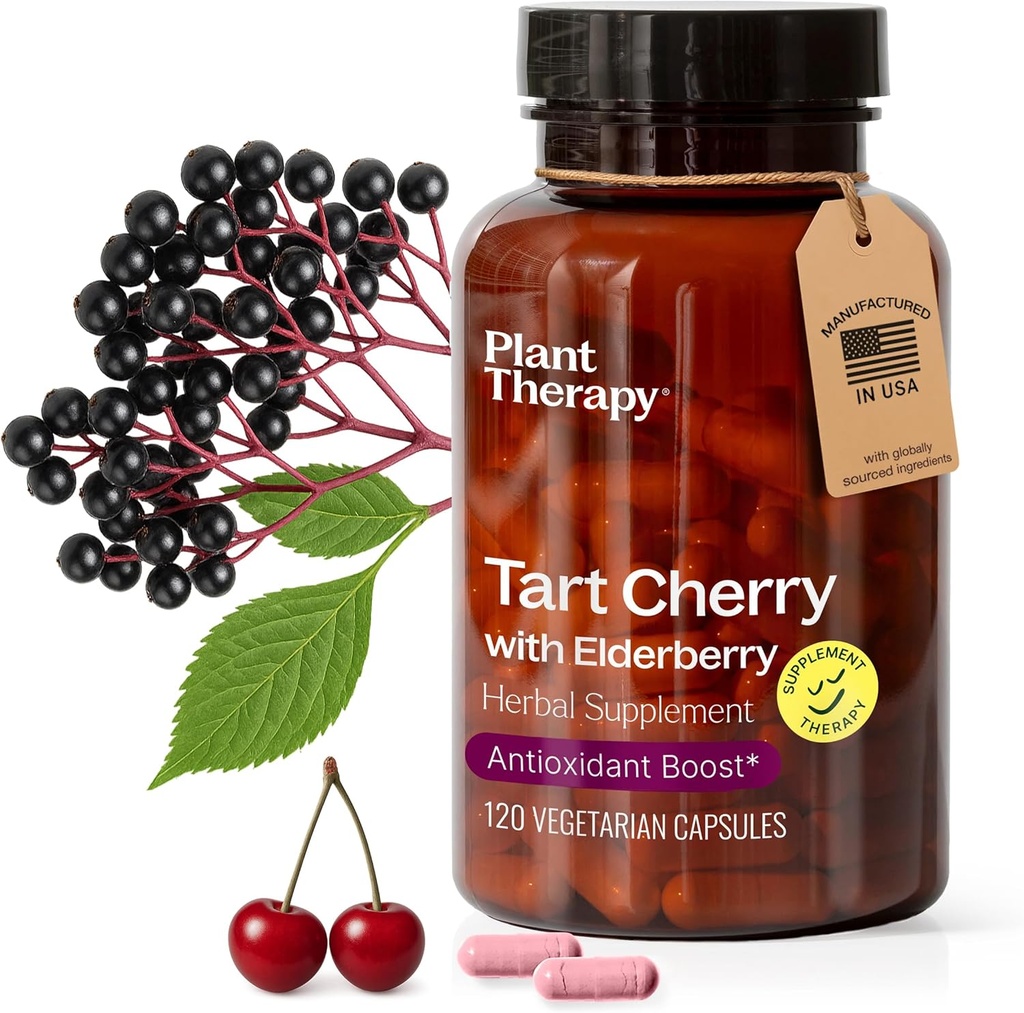 Plant Therapy Tart Cherry קפסולות עם Elderberry Manufactured 4 חודשים אספקת הגוף, Immune System & Sleep Cycle תוספי עבור נשים וגברים 120 קפסולת צמחונית