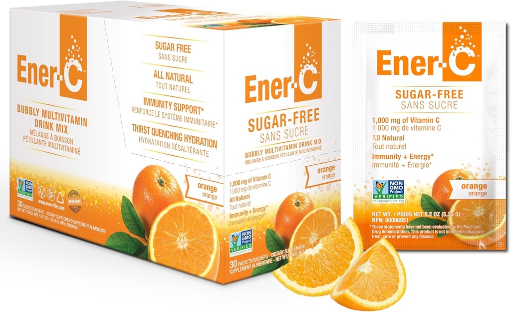 Ener-C Sugar Free Energy Orange Multivitamin שותים ויטמין C 1000 מ"ג ואלקטרוליטים - תמיכה בתחמושת טבעית עם אבקות מיץ פירות אמיתיים Non-GMO טבעוני & Gluten חינם - 30 Count Count