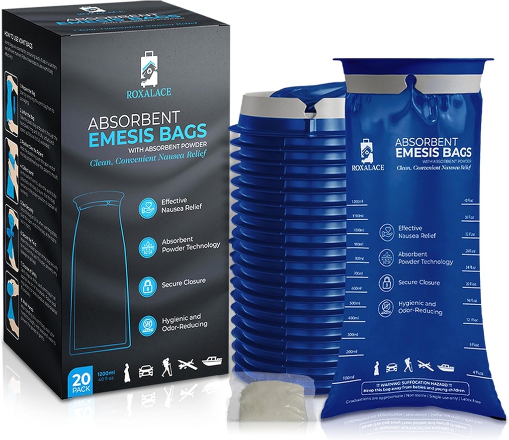 ROXALACE® Emesis Bags עם אבקת Absorbent עבור Nausea ו Vomiting הקלה - 20 Pack 1200 מ"ל, נסיעות ידידותיות, פתרון Hygienic עבור מחלות תנועה, מחלת בוקר, טיפול, ו Emergencies