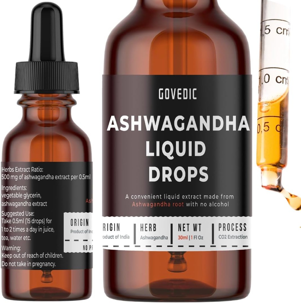 Ashwagandha נוזל טיפות ריכוז 1 Fl Oz 30 מ"ל | 60 משרתות של 500 מ"ג אורגני Root Tincture לחלץ תוסף