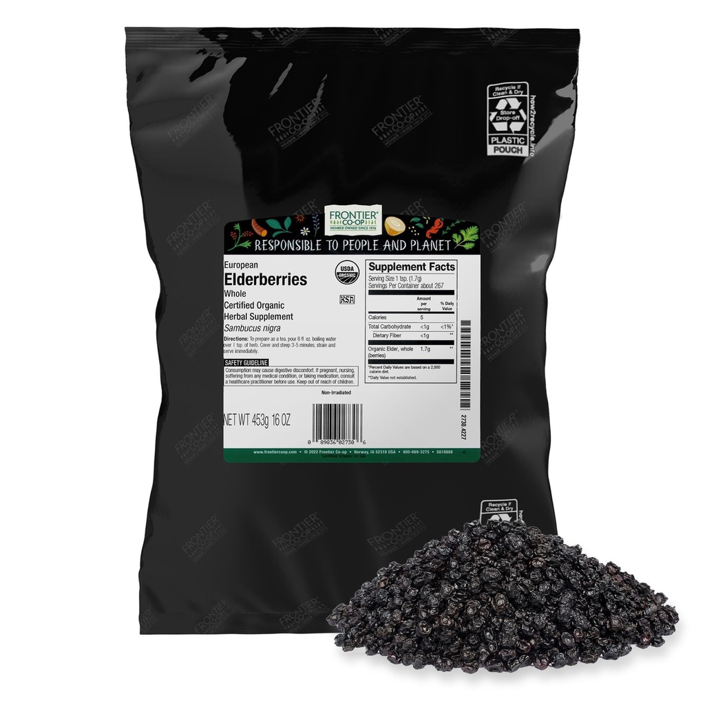Frontier Co-op Organic Dried Elderberries, 1lb Bulk Bag, European Whole