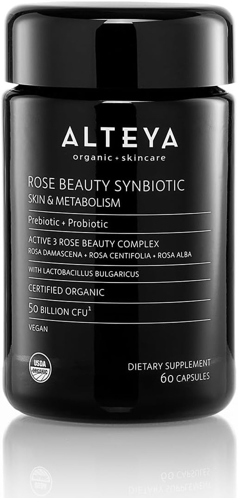Alteya Organics Beauty Prebiotics + Probiotics ו- Rose Extracts, Skin Beauty from Within Supplement, 50 מיליארד CFU & Lactobacillus Bulgaricus for Face and Metabolism - 60 קפסולות