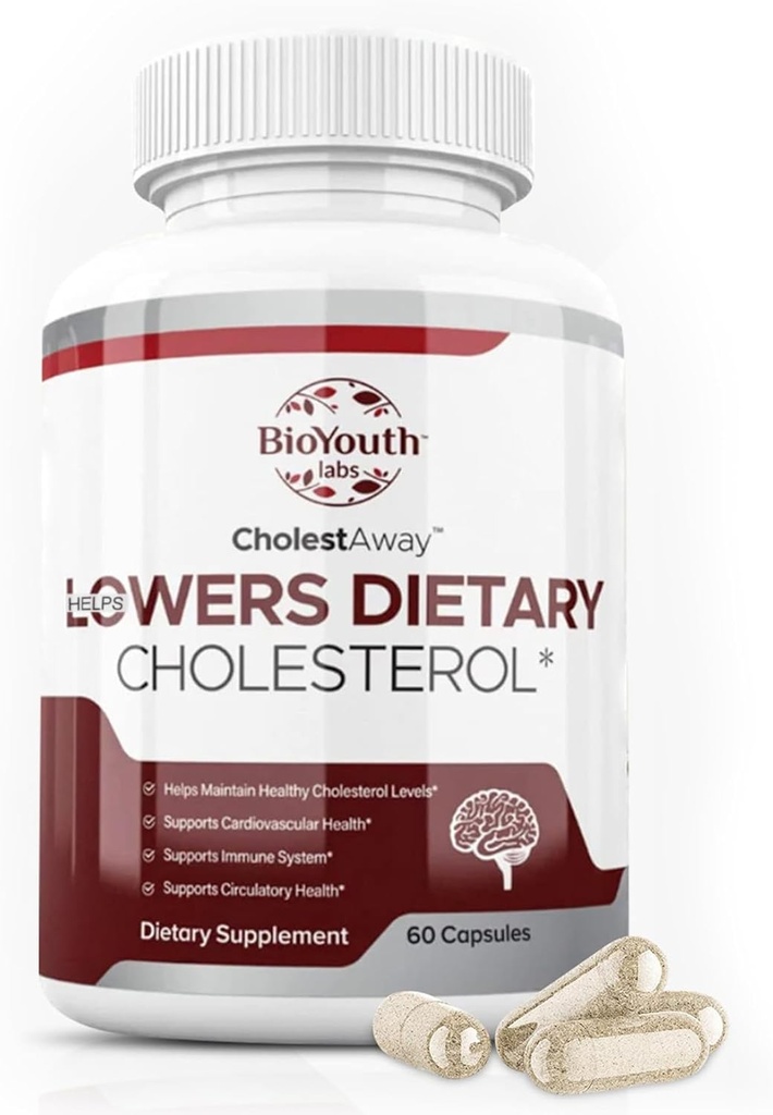 BioYouth Labs Natural Cholesterol נמוך תוספת תמיכה למבוגרים - תערובת תזונתית של Garlic, Berberine, תמצית קוקה ו Soy Lecithin - 60 קפסולות