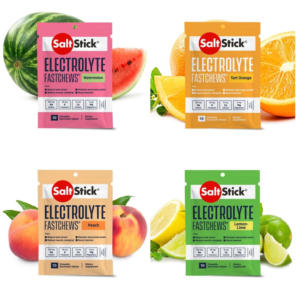 SaltStick Fastchews, טבליות החלפת אלקטרוליטיות עבור Rehydration, אימון התאוששות, נוער ומבוגרים ספורטאים, Hiking, Sports Recovery, 10 Variety 4Pack