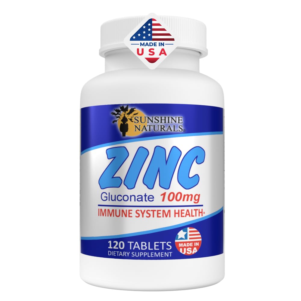 Sunshine Naturals Zinc Gluconate מינרלים תוסף - תומך במערכת החיסון, מקדם ריפוי Wound, משפר את בריאות העור, מספק הגנה מפני חמצון - 100 מ"ג, 120 טבליות, בטיחות גבוהה