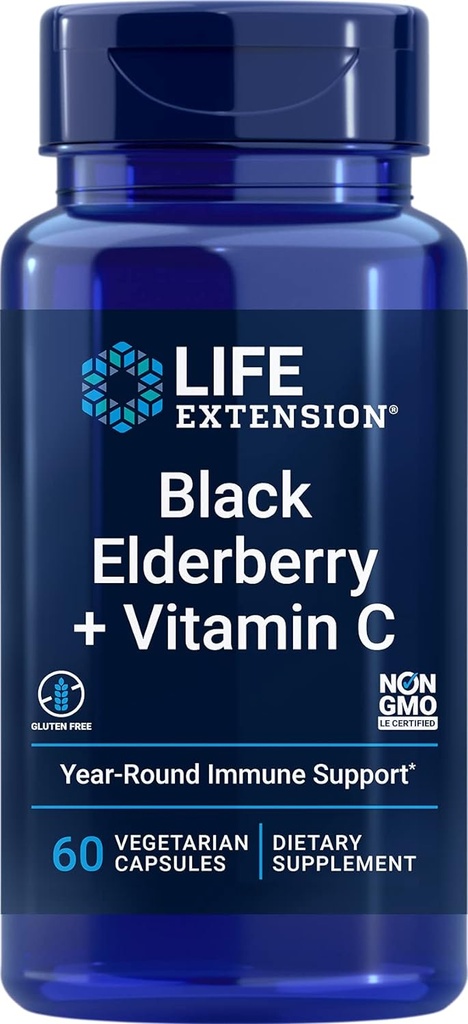 Life Extension Black Elderberry + ויטמין C, Everyday Immune Support from Elderberry & ויטמין C, Gluten Free, non-GMO, Vegetarian, 60 קפסולות