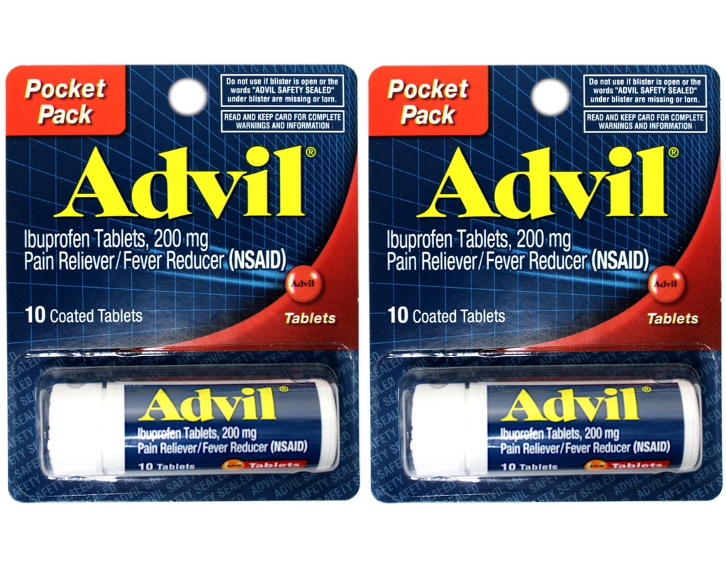 2 Pack of Pocket Pack Advil Pain Reliever / Fever להפחית Ibuprofen 200 מ"ג - 10 טבליות coated Tablets PER Pack (20 טבליות Total)