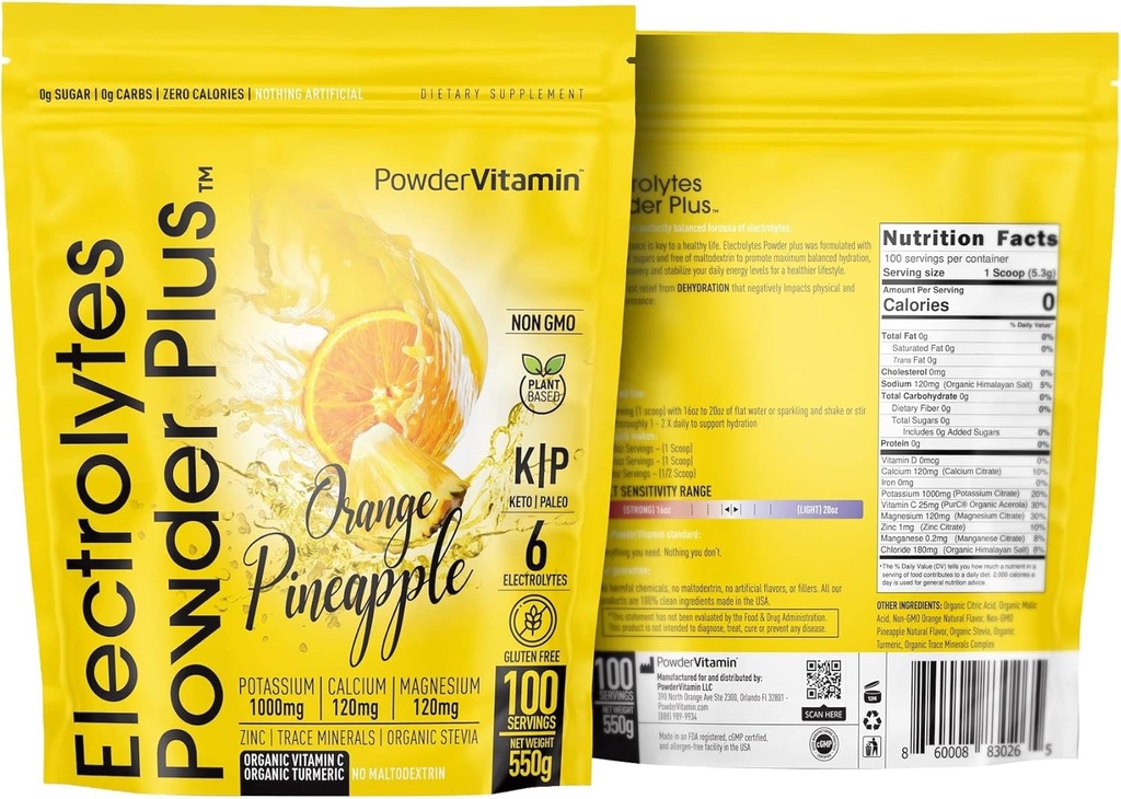 אבקהVitamin אלקטרוליט אבקת פלוס (100 משרתים) Orange Pineapple Electrolyte אבקת Zero Calorie, Keto, 0 סוכר, No Maltodextrin, 1000mg Potassium, 120 מ"ג Calcium, 120 מ"ג מגנזיום, אבקת hydrtion, אבקת כביסה