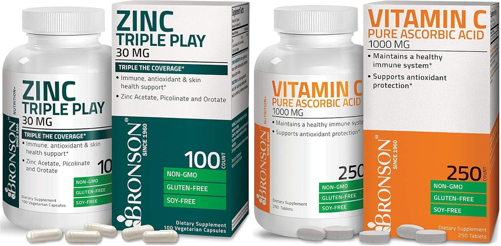 Bronson ויטמין C 1000 מ"ג Premium non-GMO Ascorbic Acid + Bronson Zinc Triple Play 30 מ"ג משולש כיסוי Immune תמיכה ב- Zinc תוסף