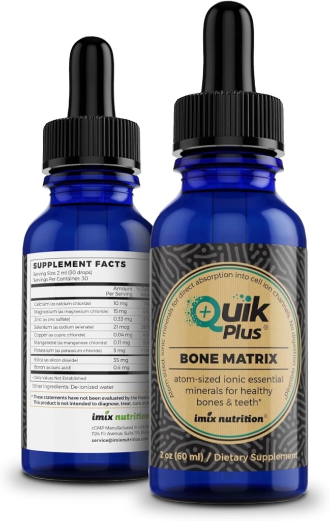 QuikPlus Bone Matrix with Calcium, Magnesium, Zinc ו- Potassium - כולל 9 מינרלים נוזליים Ionic, Collagenizer for Bone and Dental Support, Vegan, Gluten-Free, All Natural (2 עוץ)