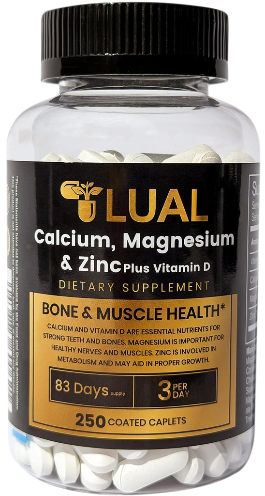 LUAL Calcium, Magnesium, Zinc & ויטמין D3 Calcium, Magnesium & Zinc Plus ויטמין D3 Caplets Dietary, 250 Count Count