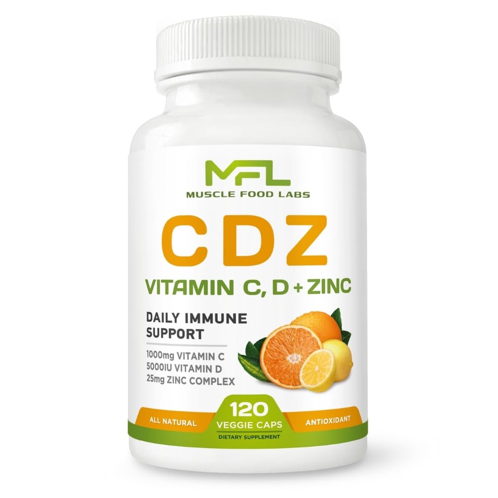CD Z | ויטמין C, 1000 מ"ג | ויטמין D3, 125mcg | Zinc, 25 מ"ג | Non-GMO & Gluten Free | 120 קפסולות צמחוניות