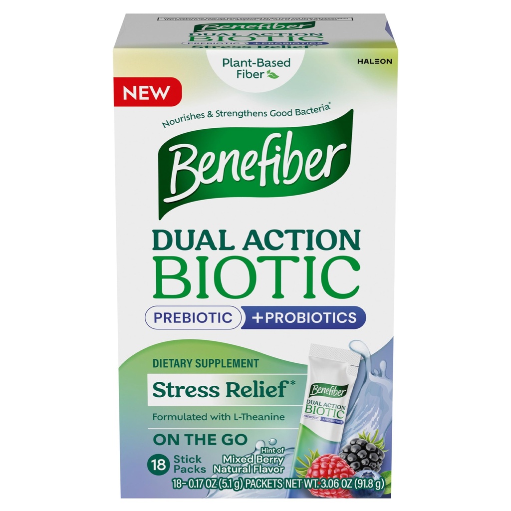 Benefiber Double Action Biotic Plus Stress Relief, 18 Count Stick Packs