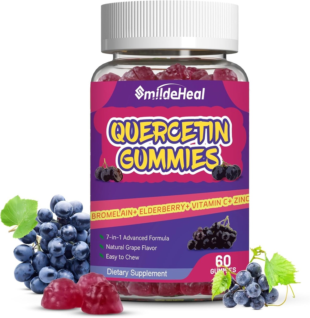 Quercetin Gummies 1200MG, Quercetin Gummies עם Bromelain, Zinc ויטמין C, Quercetin תוספת חניכיים למבוגרים & Kid, 60 חניכיים טבעוניות
