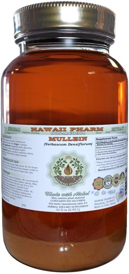 Mallein אלכוהול חינם לחלץ, אורגני מולליין (Verbascum densiflorum) Dried פרח Glycerite טבעי צמחי מרפא, הוואי Pharm, ארה"ב 32 oz Unfilterated