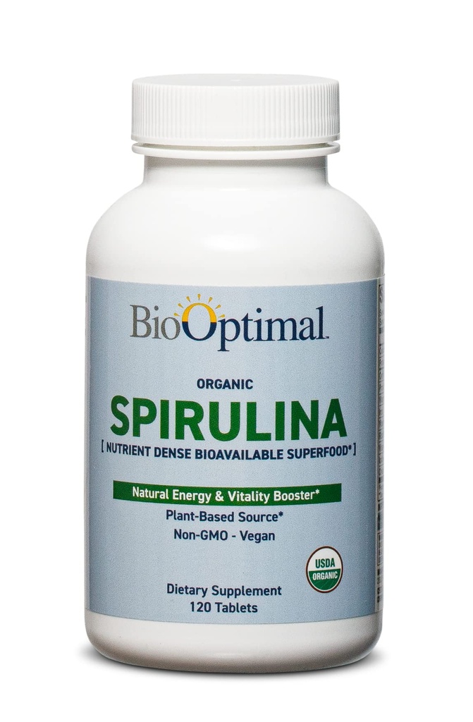 BioOptimal Organic Spirulina Tablet - אורגני, non-GMO, No Additives או Fillers - 500 מ"ג פרימיום איכות תזונה תוספת עם ויטמינים, מינרלים ואנטיoxidants (120 טבליות)