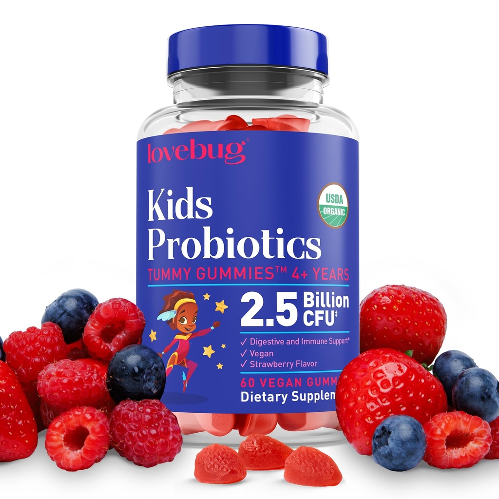 LoveBUG ילדים Probiotics - אורגני Chewable Probiotics לילדים בגילאי 4, Soil- Based Children's Probiotic for Gut Health,Constipation, Disgestive & Immune Support, טבעוני, 60 צ'אדות, סטרוברי