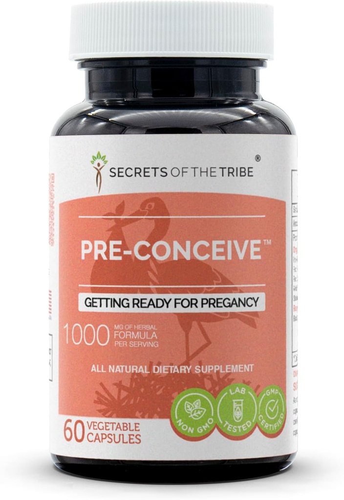 סודות השבט Pre-conceive, 60 קפסולות, 1000 מ"ג, Vitex, Red Raspberry, Black Cohosh, Red Clover, White Peony, Shatavari. מוכנות ל-Pregancy 60 קפסולות