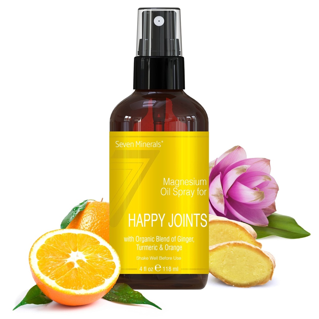 Seven מינרלים, Magnesium Happy Joints Spray - Powerful USA Made Magnesium Oil בלגן עם שמנים אתריים (Turmeric, ג'ינג'ר ותפוז) - Free Ebook Included (4 floz)