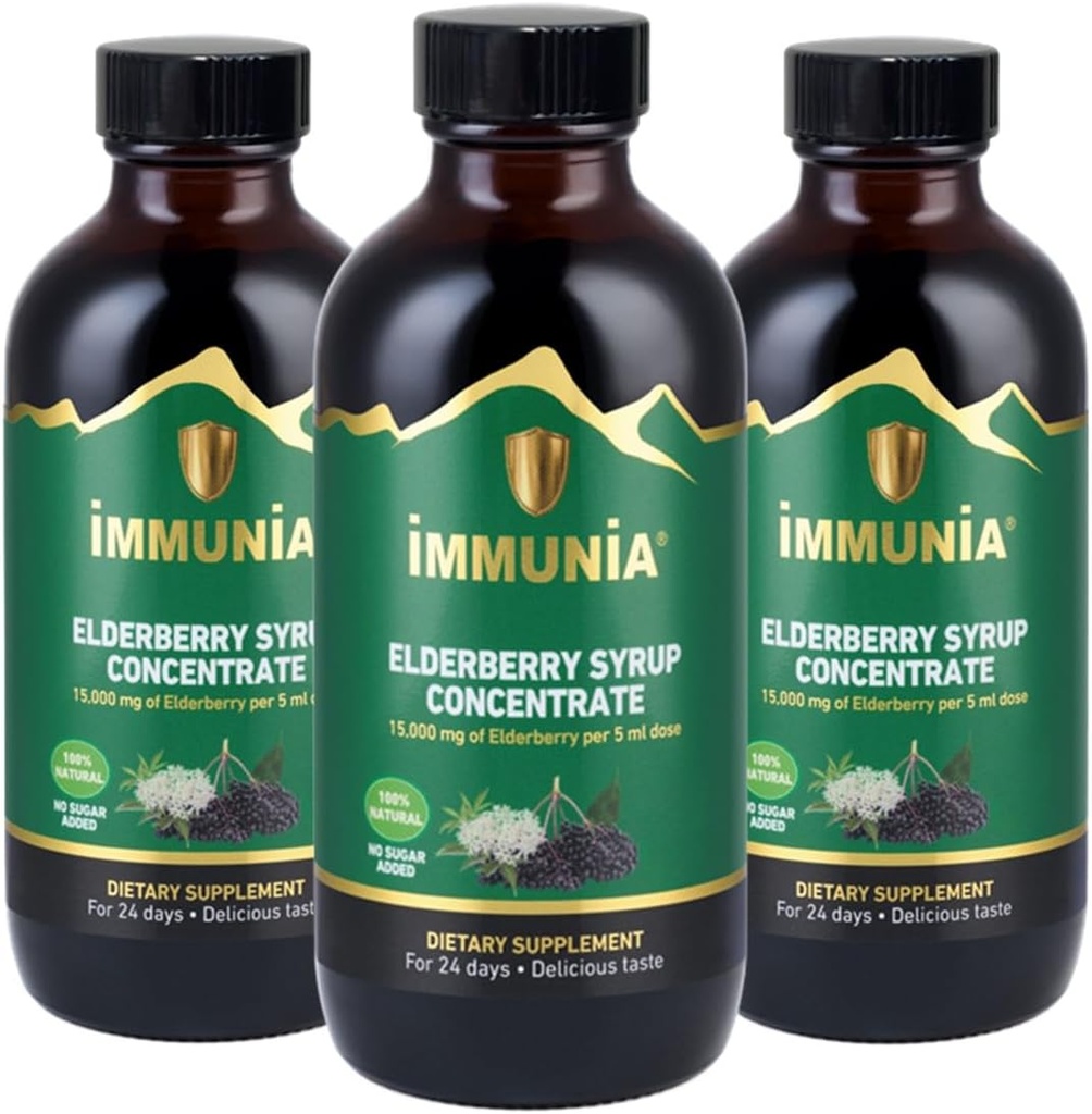Immunia Elderberry Syrup עוזר לחזק את מערכת החיסון. ג'סטרי מתרכז ב-Elderflower, Thyme and Peppermint. אין סוכר נוסף.טעם טעים 24 ימים / בוטל (3-Pack)