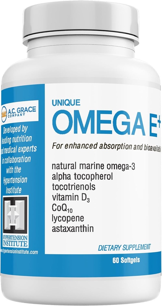 UNIQUE E A.C. Grace Company אומגה E+ - תוספת שמן דגים - עם חומצות שומן אומגה 3 ימיות, ויטמין E, ויטמין D3 ו-CoQ10 - מסייעות לתמוך בלב, במוח ובבריאות העור - 60 Softgels