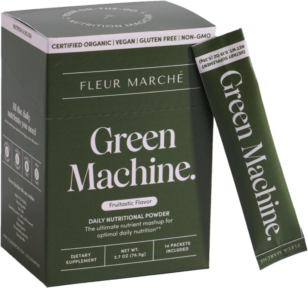 Fleur Marche Green Machine Packets - ירקות אורגניים, פירות ופרוביוטיקה - Superfoods for Digestion, Energy, Microbiome Support & Detox - On- The-go Green Juice - 14 Packets