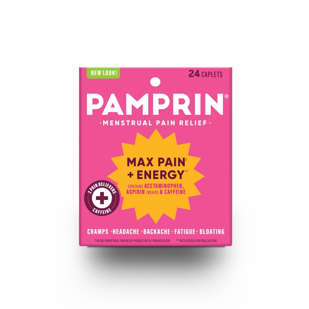 Pamprin כוח מקסימלי מקס כאב אנרגיה פורמולה, סימפטומים תקופתיים Menstrual להקל על Cramps, Bloating ו Fatigue, 24 Caplets