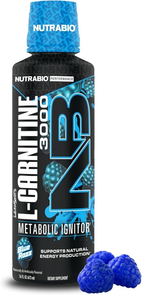 NutraBio - L-Carnitine נוזל Shots - 3000 מ"ג, (Blue Razz) - 10 מ"ג של ויטמין B-5 - Zero Carbs & Sugars - ייצור אנרגיה - התאוששות שרירים