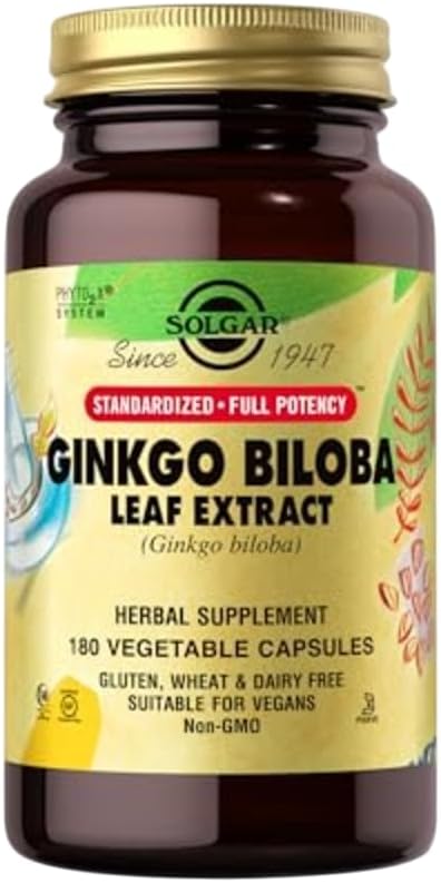 Solgar Ginkgo Biloba Extract - 180 קפסולות ירקות - סטנדרטיות בפוטנציה מלאה (SFP) - Non-GMO, טבעוני, Gluten Free, Milk Free, Kosher, Halal - 180 משרתים
