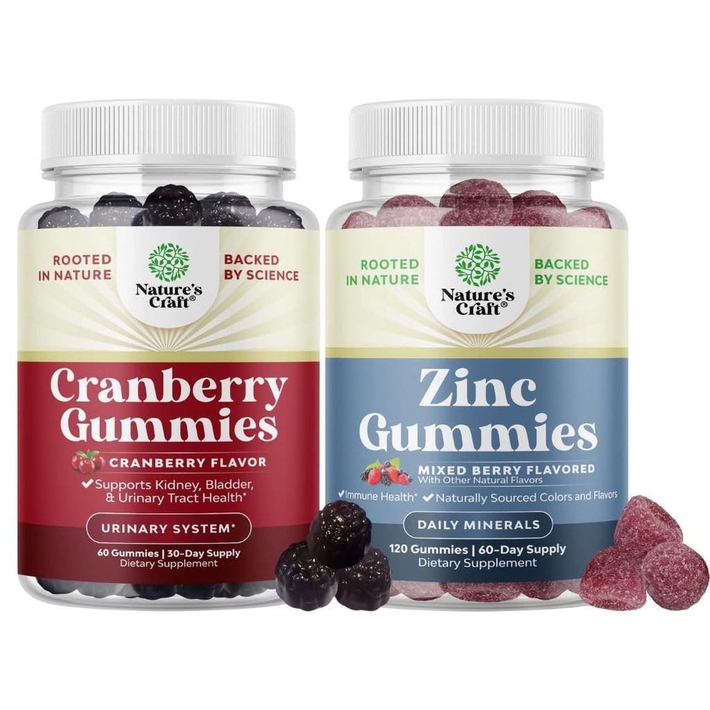 Bundle of Natural Cranberry Gummies for Women and Men ו-Extra Strength Zinc for Adults - תוספת חזקה אנטיoxidant Cranberry Chews - Chewable Zinc Citrate 50 מ"ג