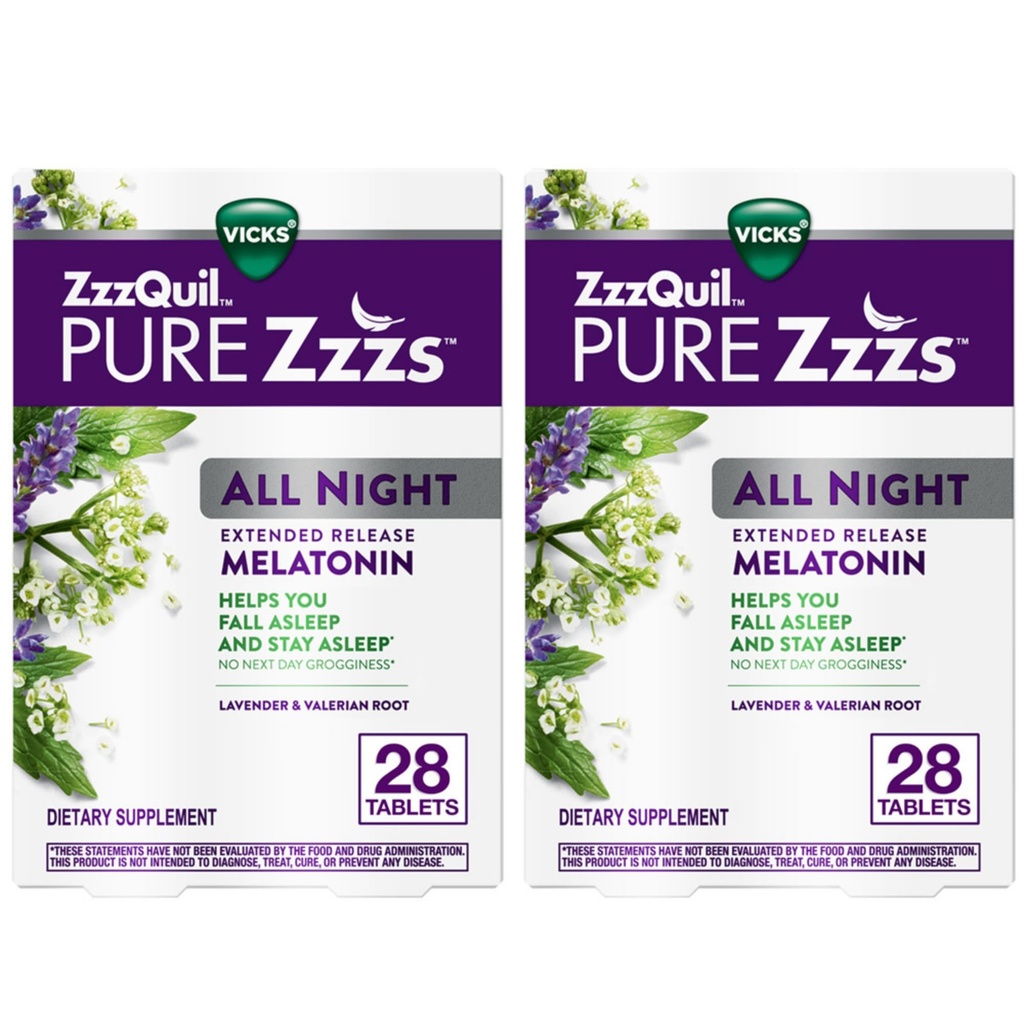 ZzzQuil Pure Zzzs All Night Extended Release, Melatonin Sleep Tablets, Helps You Stay Asleep Longer, Sleep Aid for Adults, 2 מ"ג ל- Tablet, 56 Total Tablet (2 Packs of 28)