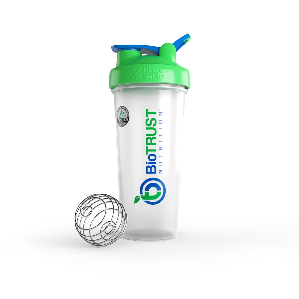 BioTRUST BellerBottle Classic Shaker Bottle, 28-Ounce עם לולאה, Clear / Green