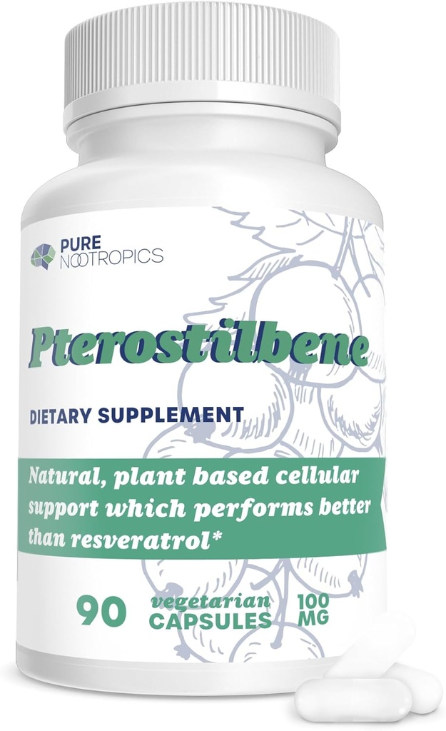 טהור nootropics - Pterostilbene 100 מ"ג קפסולות (90) | תמיכה מבוססת צמחים לבריאות סלולרית | בבית & Rigorous 3rd Party Testing for Higher Purity & Potency