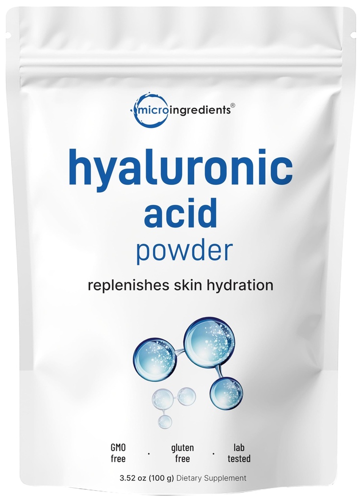 Micro Ingredients Hyaluronic Acid Serum אבקה, 100 גרמים | משקל מולקולרי נמוך, קוסמטיקה רמה | Skin Hydration and Moisture Support Supplements